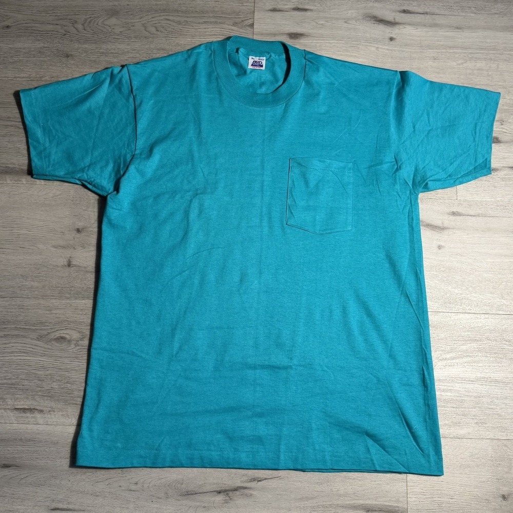 Vintage 90s BVD Pocket T Shirt XL Single Stitch Made In USA Blank‎ Teal Tee